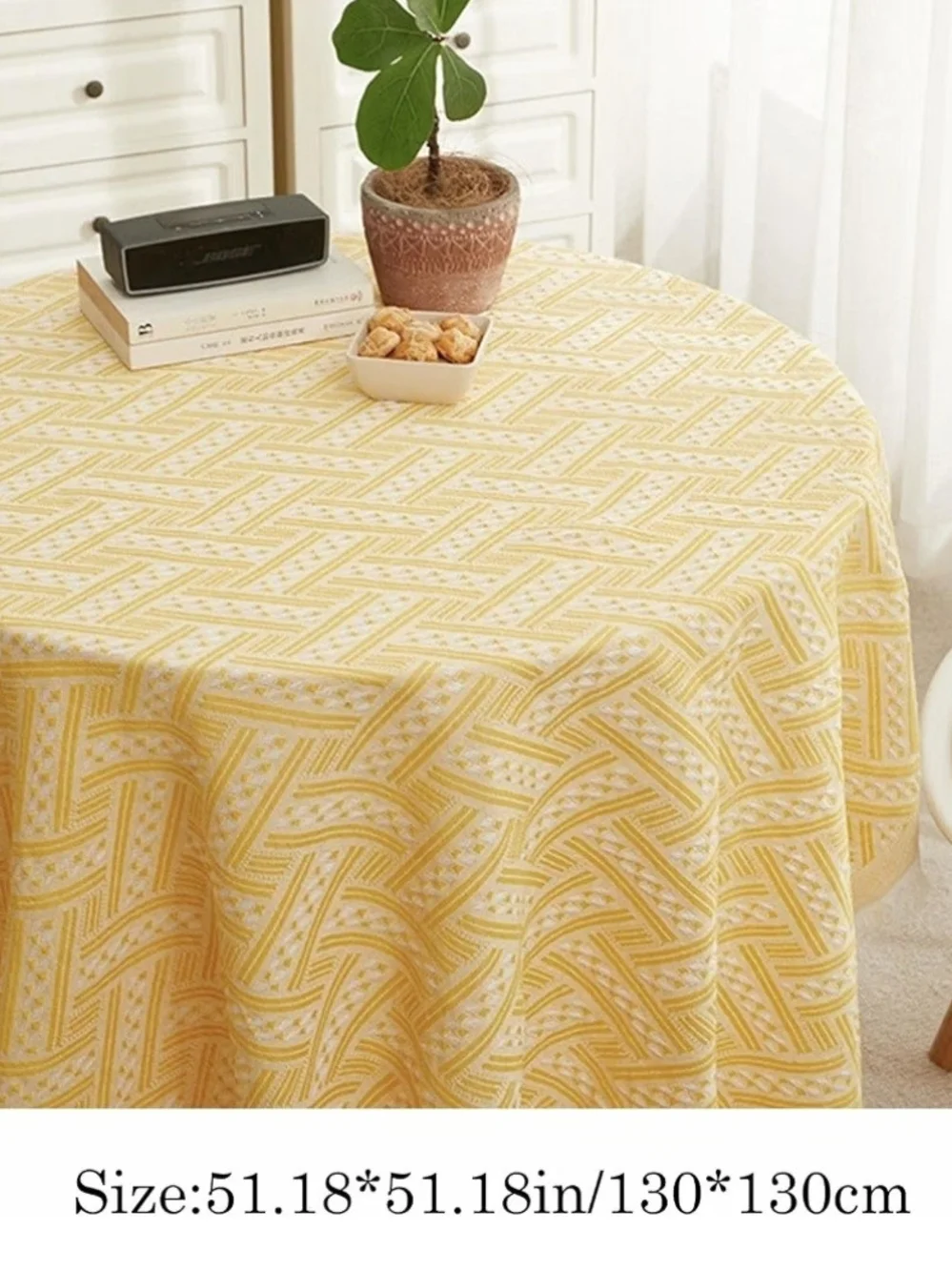 Yellow & White Geometric Tassel Tablecloth - New 51.18 Inches Round